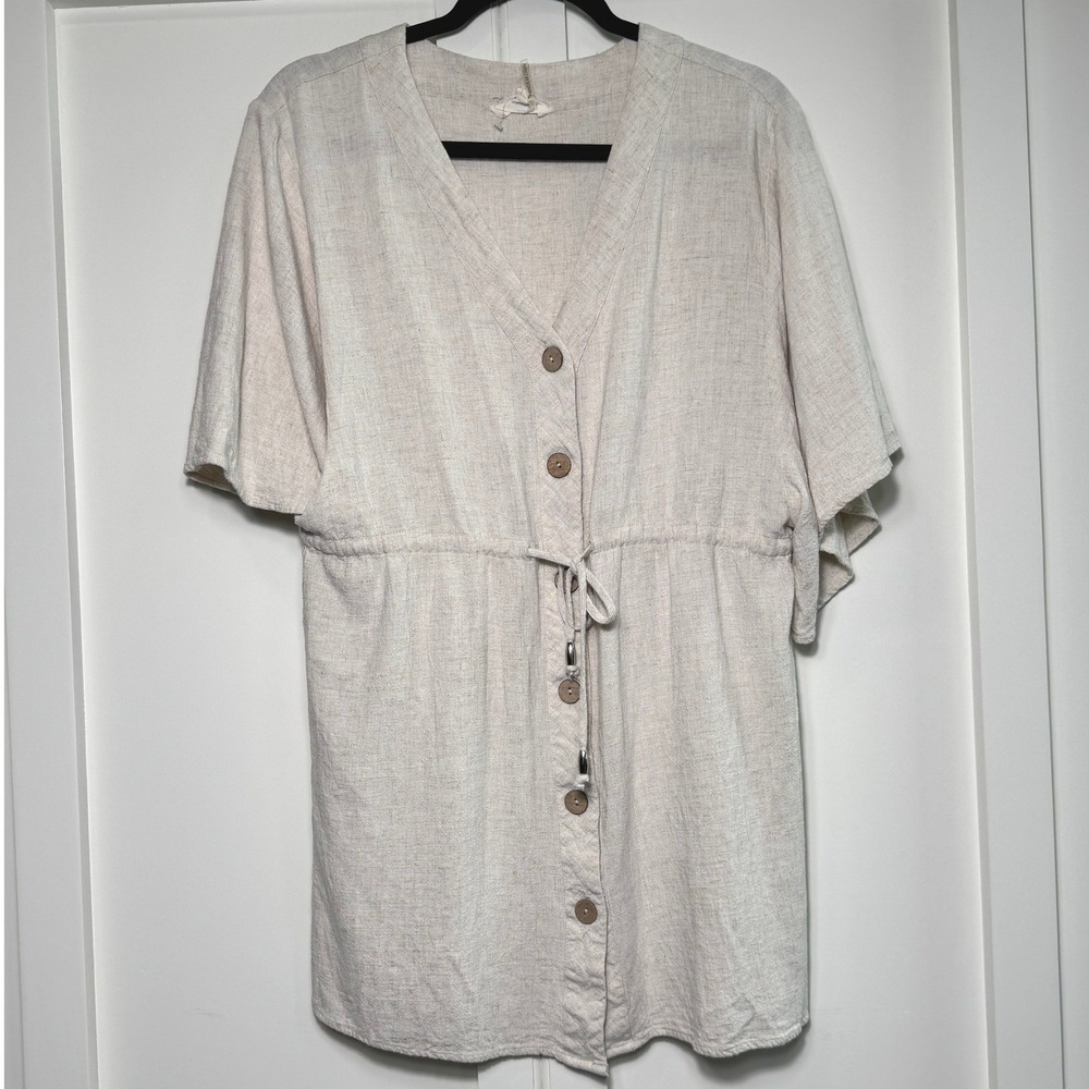 Entro Womens Oatmeal Linen Blend‎ Button Front Drawstring Dress D16492 M